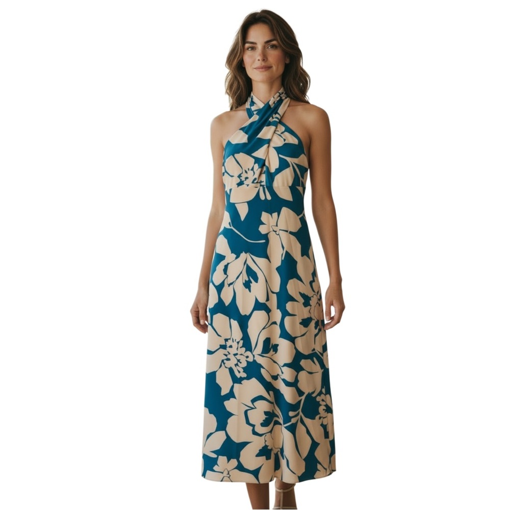 Donna Karan Floral-Print Halter-Neck‎ Dress, Color KingFisher/Canvas, Size 8
